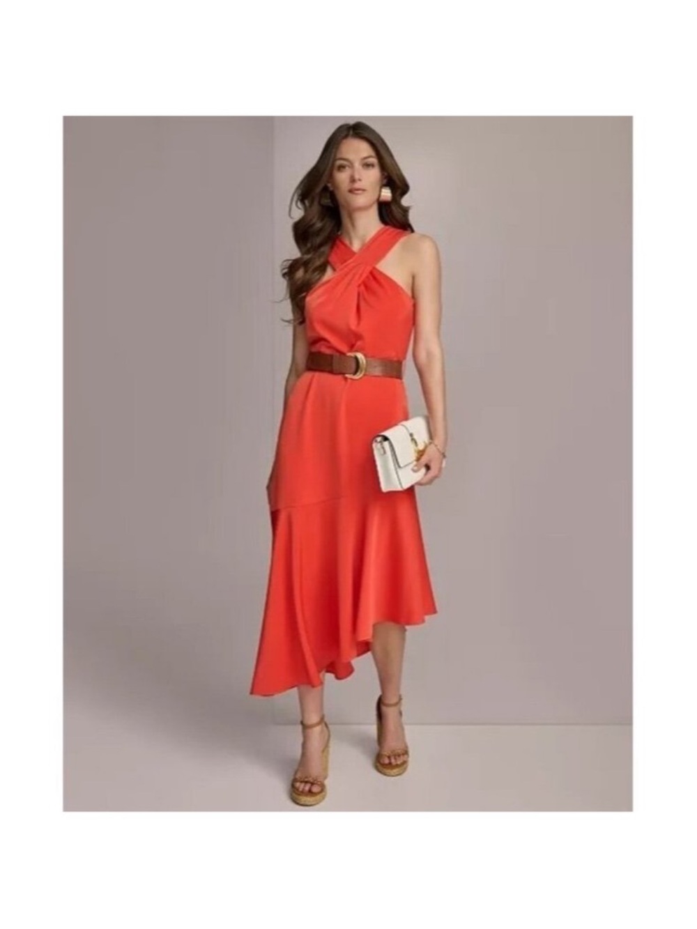 Donna Karan Coral Orange Cross-Neck Asymmetric Midi Dress